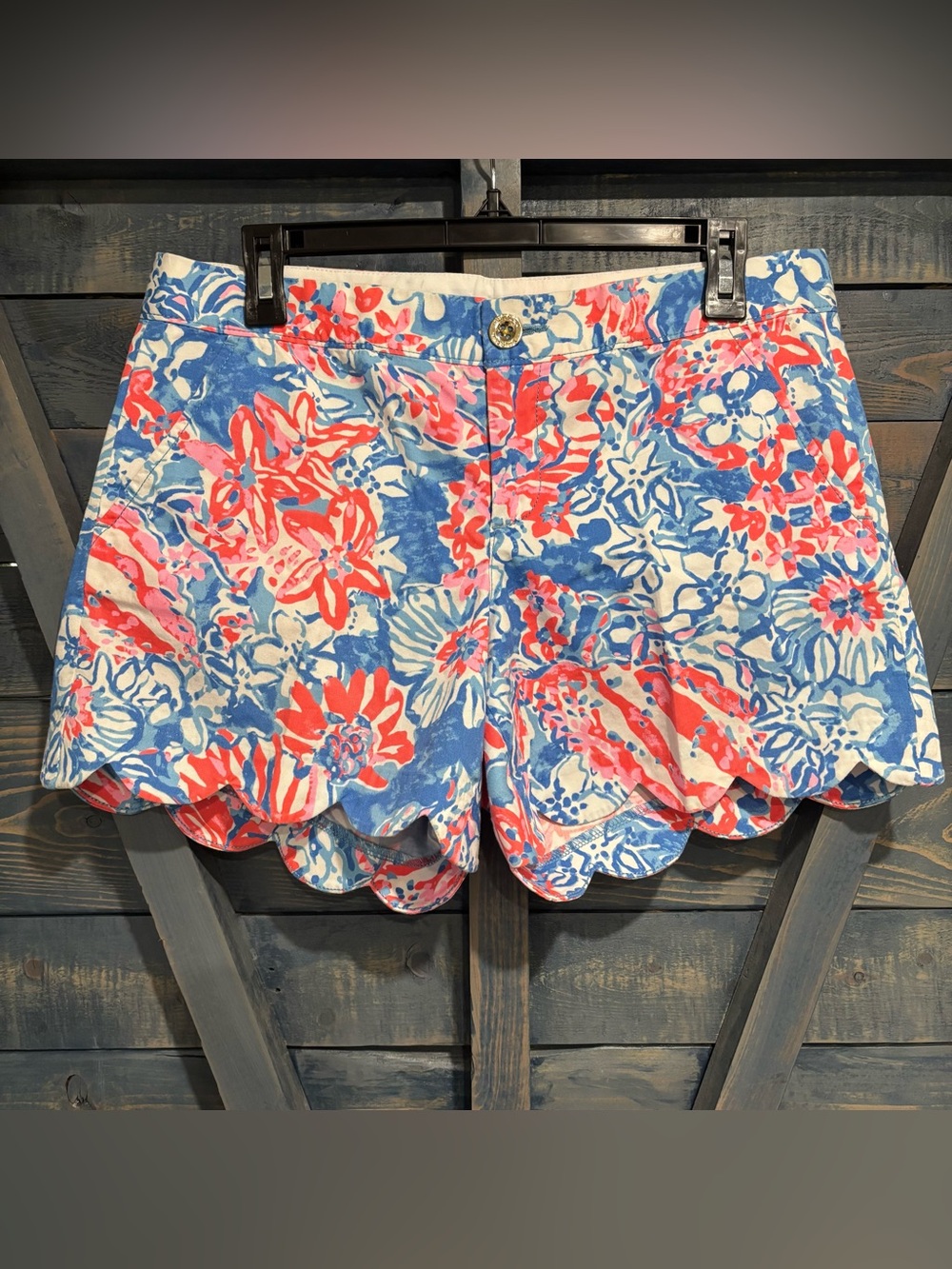 Lilly Pulitzer Floral Buttercup Shorts, Scallop Hem- Pink, Blue & Coral